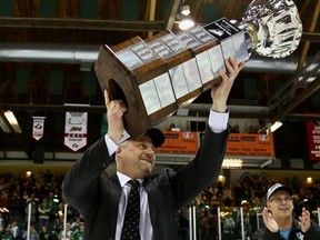 Prince Albert Raiders general manager Curtis Hunt holds the Ed Chynoweth Cup on May 11, 2019 after the team's 3-2 victory over the Vancouver Giants in Game 7 of the Western Hockey League final. Lucas Chudleigh/Apollo Multimedia.