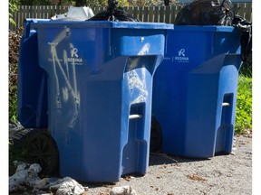 Trash bags poke out from curbside recycling blue bins in a Regina alleyway. That would be an "oops."