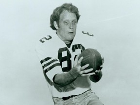 Rhett Dawson, a member of the Saskatchewan Roughriders' Plaza of Honour, is shown wearing No. 82 at Florida State University. He caught three touchdown passes for Florida State in the 1971 Fiesta Bowl. Photo courtesy Florida State University sports information.