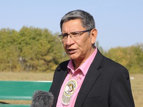 Pasqua First Nation Chief Matthew T. Peigan speaks with the press in September 2020.