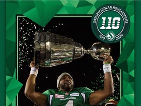 One of the Saskatchewan Roughriders' 2020 Mr. Lube Decades of Pride Collector Cards, showing quarterback Darian Durant after the 2013 Grey Cup game. The new cards are commemorating the franchise's 110th anniversary.