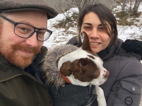 Alexis Kienlen, her partner Nathan Smith and their dog Edie. Kienlen, who lives in Edmonton, isn't travelling to visit her parents in Saskatoon for the holidays this year due to concerns around COVID-19.