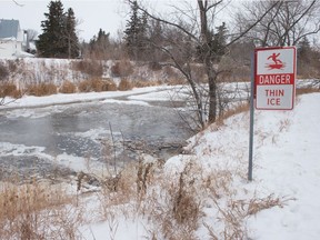 Wascana Creek, near Retallack Street and Regina Avenue in Regina, Saskatchewan on Dec. 31, 2020. The ice on the creek is thin, thanks to a water main break nearby.

BRANDON HARDER/ Regina Leader-Post