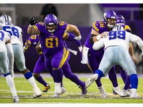 Weyburn-born Minnesota Vikings guard Brett Jones, 61, is shown during his first NFL start — on Nov. 22 against the Dallas Cowboys. Jones has started the last two games for Minnesota.