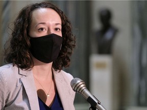 REGINA, SASK. : December 1, 2020 -- NDP Justice, Corrections and Policing critic Nicole Sarauer speaks to media at the Legislative Building. MICHAEL BELL / Regina Leader-Post