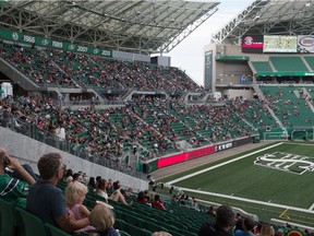 Sports fans watched the Saskatchewan Roughriders' regular-season opener and a Toronto Raptors basketball game on big screens at Mosaic Stadium on June 13, 2019.
