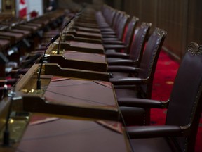 Desks and chairs at the senate chamber in the Senate of Canada building in Ottawa. January, 22, 2020.
