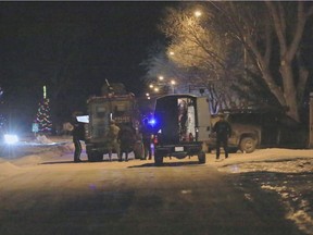 Members of the RCMP's Emergency Response Team (ERT) were on scene in the village of Dinsmore on the evening of Jan. 6, 2020. Police were responding to a report that a man had made threats online. Police also said the man had barricaded himself inside a home with weapons. He was taken into custody shortly after midnight on Thursday, and sent to hospital for treatment and a mental health assessment. (Christian Moulding/West Central Online)