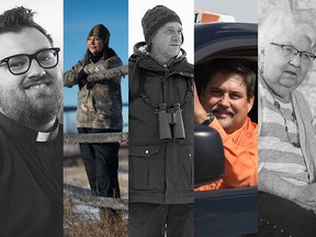 From left, Father Parker Love, Michelle Brass, Dan Sawatzky, Ken Stromberg and Jean Currie are depicted in this composite image. Each person was photographed individually, throughout the course of 2020. They are the subjects interviewed for the Leader-Post series Passengers. This composite image was created by Troy Fleece in Regina, Saskatchewan on Jan. 8, 2020.