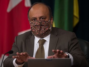 Saskatchewan's chief medical health officer Dr. Saqib Shahab speaks with media during a news conference regarding COVID-19 at the Saskatchewan Legislative Building in Regina, Saskatchewan on Jan. 12, 2020.