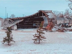 A barn in the Milestone, Sask. area is badly damaged after an Alberta clipper passed through the area late Jan. 13 and into Jan. 14, 2021. Submitted photo/Sandi Devereaux