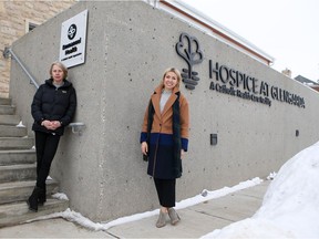 Bette Boechler, executive director of the Hospice at Glengarda, with Lecina Hicke, CEO of the St. Paul's Hospital Foundation, in front of Saskatchewan's first free-standing hospice.