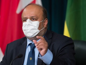 Saskatchewan's chief medical health officer Dr. Saqib Shahab speaks to media during a press conference regarding COVID-19, held at the Saskatchewan Legislative Building in Regina, Saskatchewan on Jan. 26, 2021.