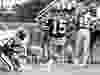 Bob Macoritti of the Saskatchewan Roughriders kicks his CFL-record seventh field goal on Aug. 27, 1978 against the Toronto Argonauts. Ron Lancaster is the holder. Steve Molnar is blocking. Roy Antal photo.