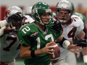 Steve Sarkisian, shown quarterbacking the Saskatchewan Roughriders in 1999, has gone on to become a successful coach in the U.S. college ranks.