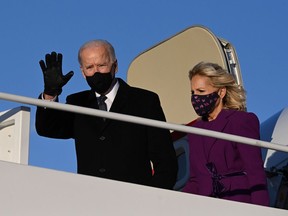 US President-elect Joe Biden and incoming First Lady Jill Biden arrive at Joint Base Andrews in Maryland on Jan. 19, 2021, one day ahead of his inauguration as 46th President of the US.