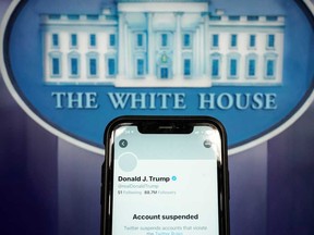 A photo illustration shows the suspended Twitter account of U.S. President Donald Trump on a smartphone at the White House briefing room.
