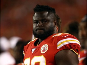 Offensive lineman Chidi Okeke, shown with the Kansas City Chiefs in 2019, has signed with the Saskatchewan Roughriders.