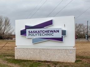 A sign outside the Saskatchewan Polytechnic campus in Regina, Sask.