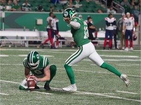 REGINA, SASK : September 14, 2019 Saskatchewan Roughriders kicker Brett Lauther, right, tested positive for COVID-19 on Dec. 25.