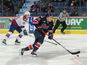 The Regina Pats' Cole Dubinsky  carries the puck during an Oct. 8, 2019 WHL game against the Edmonton Oil Kings at the Brandt Centre.