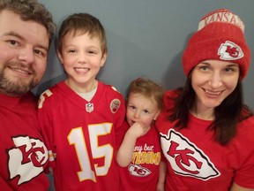 Regina Thunder offensive co-ordinator Stefan Endsin, left, and his family — wife Reanne, son Liam (second from left) and daughter Kennedy — are all fans of the Kansas City Chiefs.