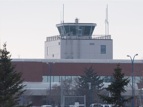 The air traffic control tower can be seen at Regina International Airport in Regina, Saskatchewan on Jan. 29, 2021.