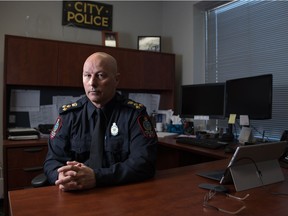 Weyburn Police Chief Jamie Blunden sits in his office in the Weyburn Police Service office in Weyburn, Sask. on Feb. 5, 2021.