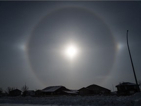 A sun dog is visible in the sky over the northern end of Regina, Saskatchewan on Feb. 9, 2021.