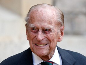 In this file photo taken July 22, 2020, Britain's Prince Philip, Duke of Edinburgh, arrives for the transfer of the Colonel-in-Chief of The Rifles ceremony at Windsor castle in Windsor, England.