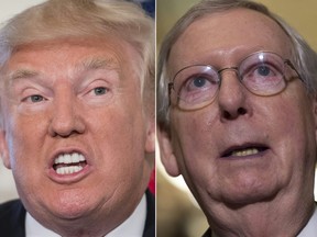This combination of pictures created on August 24, 2017 shows U.S. President Donald Trump, left, in Bedminster, N.J., and U.S. Senate Majority Leader Mitch McConnell, Republican of Kentucky, in Washington, D.C., June 27, 2017.