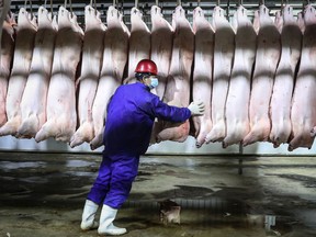 This photo taken on Jan. 27, 2021 shows an employee working on a pork production line at a food factory in Shenyang, in northeastern China's Shenyang province, as authorities roll out measures to ensure adequate meat supplies for the upcoming Spring Festival.