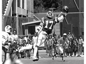 Saskatchewan Roughriders receiver Joey Walters, shown making a one-handed touchdown catch at Taylor Field in 1982, belongs in the Canadian Football Hall of Fame according to one of the enshrinees, former Calgary Stampeders and Winnipeg Blue Bombers linebacker James (Wild) West.