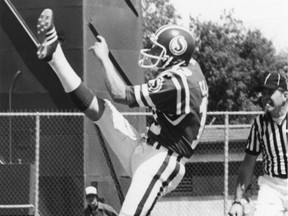 Ken Clark is shown punting for the Saskatchewan Roughriders in 1983, when he kicked a game-winning field goal in the Labour Day Classic.
