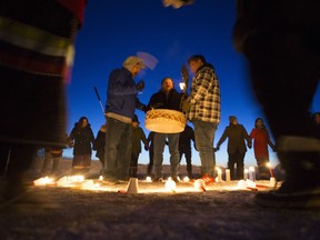 Friends, family and supporters of Colten Boushie hold a candlelight vigil at Chapel Gallery in North Battleford, SK on Saturday, February 9, 2019. Little Pine First Nation Chief Wayne Semaganis sees a connection between recent reviews of the RCMP's handling of Boushie's death and the appearance of white supremacist posters in the region. (Saskatoon StarPhoenix).
