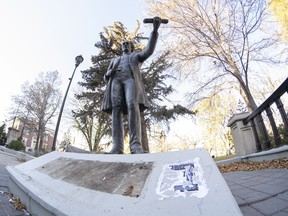 A statue of John A. Macdonald at Victoria Park. The nameplate at the base of the statue was anonymously removed in this photo from Oct. 13, 2020.