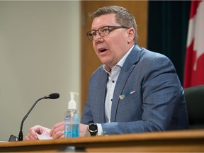 Saskatchewan Premier Scott Moe speaks to reporters during a news conference regarding COVID-19, held at the Saskatchewan Legislative Building in Regina, Saskatchewan on Mar. 2, 2021.