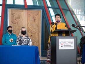 Donna Anderson Blind speaks during a news conference held at First Nations University in Regina.