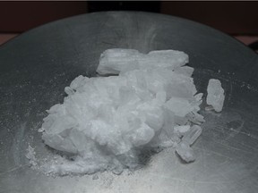 Crystal meth, also called methamphetamine, sits on a scale to be weighed at the Moose Jaw Police Service station in Moose Jaw, Sask. Submitted photo