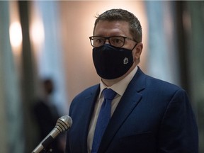 Saskatchewan Premier Scott Moe speaks to members of the media in rotunda at the Saskatchewan Legislative Building in Regina, Saskatchewan on Mar. 10, 2021.

BRANDON HARDER/ Regina Leader-Post