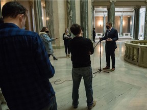 Saskatchewan Premier Scott Moe speaks to members of the media in rotunda at the Saskatchewan Legislative Building in Regina, Saskatchewan on Mar. 10, 2021.