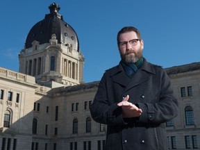 Canadian Taxpayers Federation prairie director Todd MacKay stands in front of the Saskatchewan Legislative Building in Regina, Saskatchewan on Mar. 10 2021.