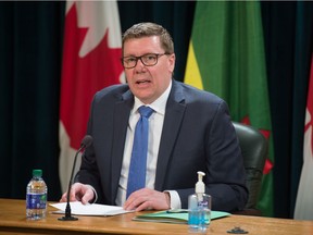 Saskatchewan Premier Scott Moe speaks with reporters regarding COVID-19 during a news conference held at the Saskatchewan Legislative Building in Regina, Saskatchewan on Mar. 16, 2021.