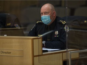 Chief Evan Bray of the Regina Police Service speaks to the Regina Board of Police Commissioners meeting held at City Hall in Regina, Saskatchewan on March 30, 2021.