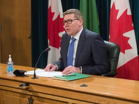 Saskatchewan Premier Scott Moe speaks to media during a news conference regarding COVID-19 held at the Saskatchewan Legislative Building in Regina, Saskatchewan on March 30, 2021.