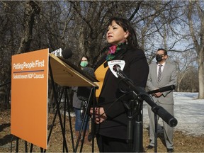 Betty Nippi-Albright, NDP critic for Truth and Reconciliation, First Nations and Métis Relations speaks during a press conference at the West Lawn at the Legislative Building. The press conference called for Indigenous and public consultation on the redevelopment of the Provincial Capital Commission's bylaws.