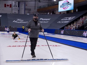 Darren Gress of the Highland Curling Club is one of seven ice technicians working at the 2021 Tim Hortons Brier in Calgary. Curl Canada/Michael Burns Photo.