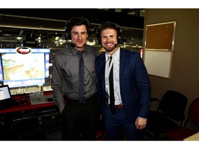 Regina Pats play-by-play man Phil Andrews, left, and colour analyst Daniel Wapple in the Brandt Centre broadcast booth in February of 2020.
