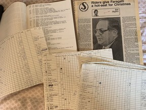 Rob Vanstone's Saskatchewan Roughriders scrapbooks and stats sheets from the 1980s.
