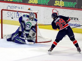 The Regina Pats' Carson Denomie, shown facing Swift Current goaltender Reid Dyck on Wednesday at the Brandt Centre, has six goals after four games this season.